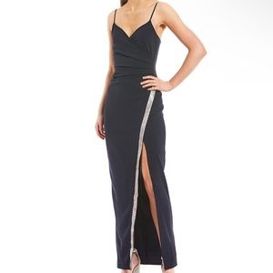 Spaghetti-Strap Surplice V-Neck Faux-Wrap Rhinestone Slit Hem Long Dress